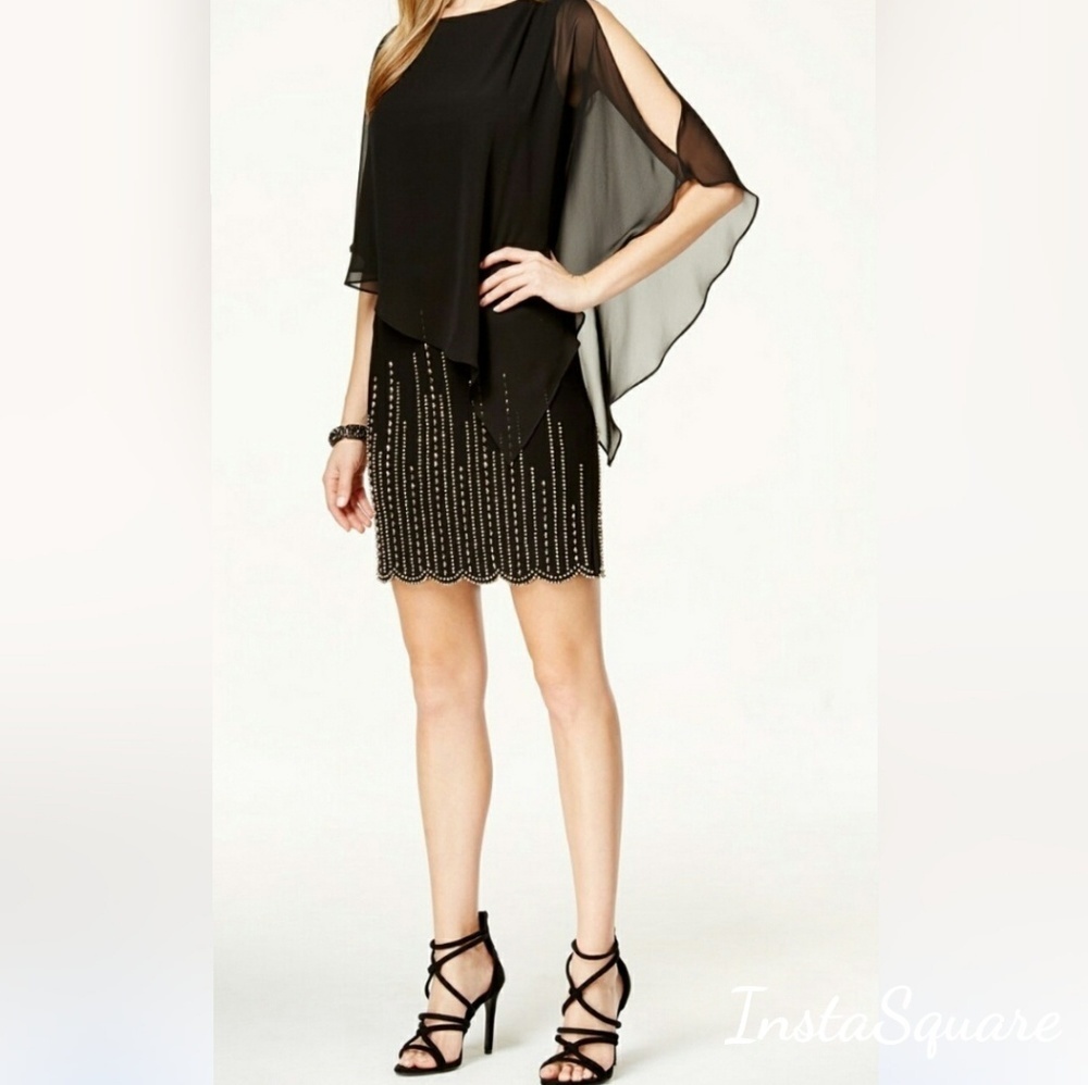 Xscape Chiffon Batwing Blouson Beaded Dress Black